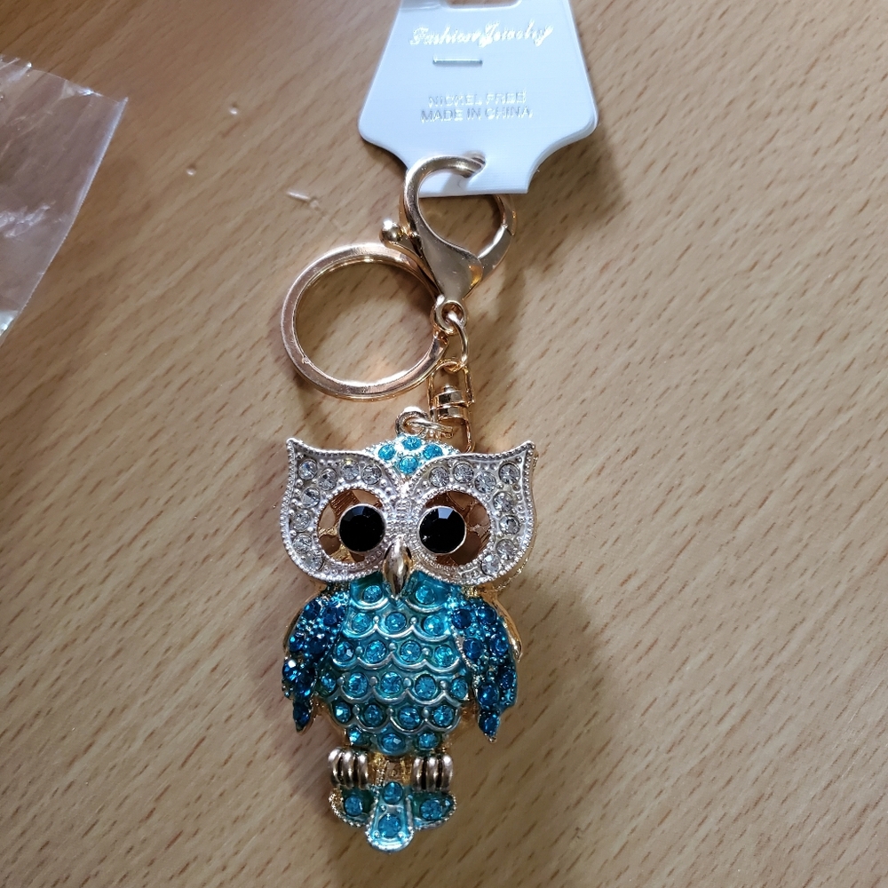 Owl Turquoise Rhinestone Studded Keychain - Picture 3 of 5